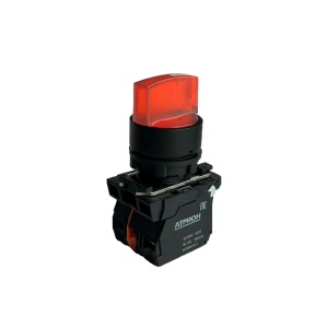 Переключатель LA37-B5K320RBDP, тип 1-0-2, 2NO, 3A(240VAC), красная рукоятка, подсветка 24VAC/DC, фронт IP66 фото