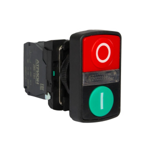 Кнопка двойная LA37-B5W71WBDP, 1NO+1NC, 3A(240VAC), зеленая "I" START и красная "O" STOP, LED подсветка 24VAC/DC, фронт IP66 фото