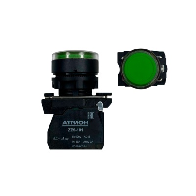 Кнопка LA37-B5W311GM5P, 1NO+1NC, 3A(240VAC), зеленая, LED подсветка 230VAC, фронт IP66 фото