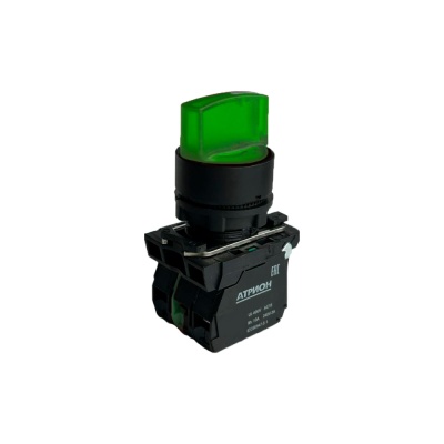 Переключатель LA37-B5K210GM5KP, тип 1-2, 1NO, 3A(240VAC), зеленая рукоятка, подсветка 230VAC с защитой от помех, фронт IP66 фото